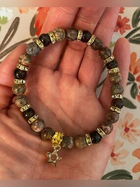 Gold Charm Brown Jasper and Black Bead Stretch Bracelet